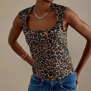 Anthropologie Maeve Cap Sleeve Leopard Print Top Animal Print Black Beige XL